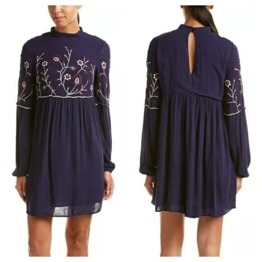 Parker Sadie Floral Embroidered Long Sleeve Shift Mini Dress S Navy Blue
